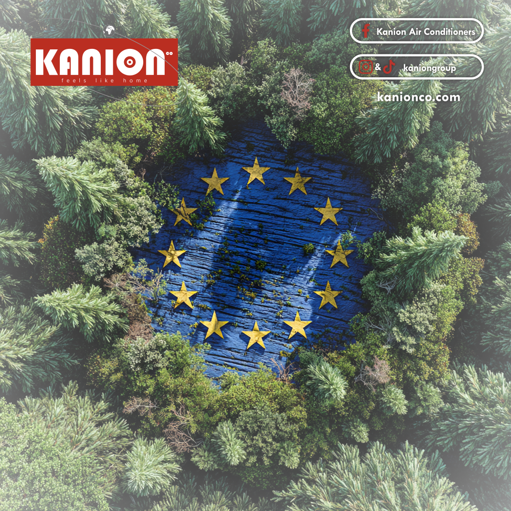 An artistic top-down view of a forest surrounding the European Union flag, symbolizing the Social Climate Fund and green energy transition.